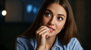 woman biting teeth while watching movie