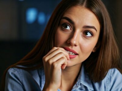 woman biting teeth while watching movie