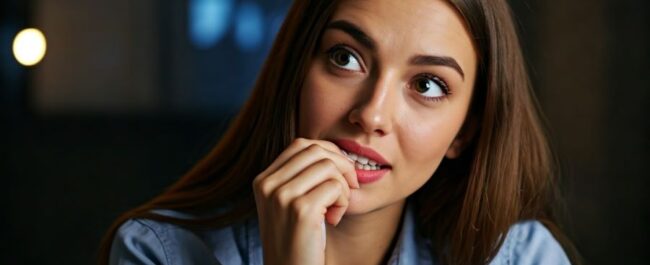 woman biting teeth while watching movie