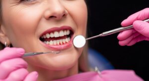 woman at dental visit with premature gum disease