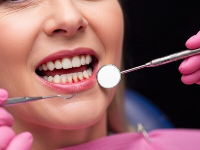 woman at dental visit with premature gum disease