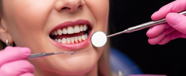woman at dental visit with premature gum disease
