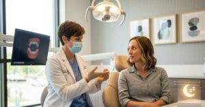 Dentist helping patient with sleep apnea oral appliance