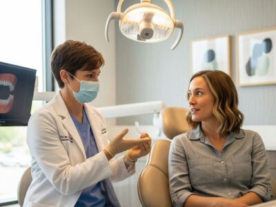 Dentist helping patient with sleep apnea oral appliance
