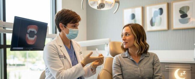 Dentist helping patient with sleep apnea oral appliance